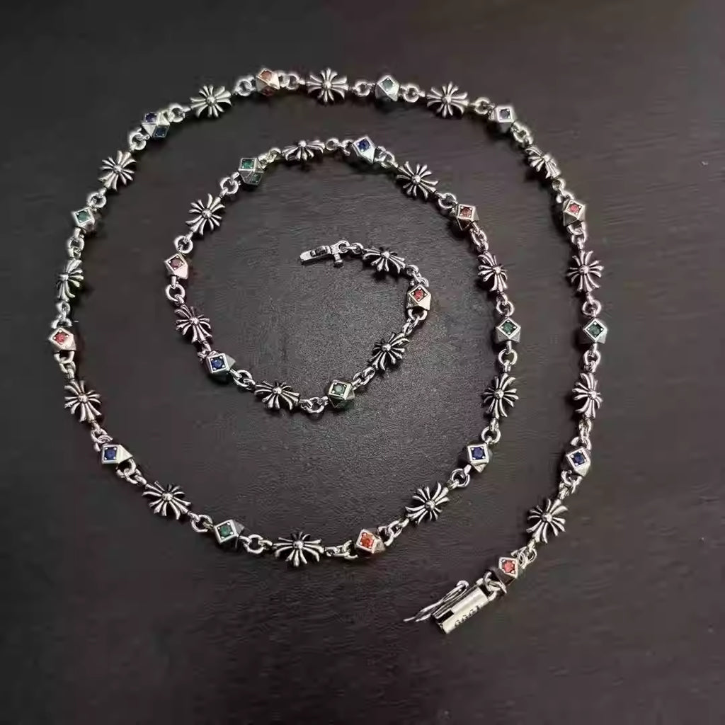 S925 Silver Multicolor Stone Flower Cross Necklace™