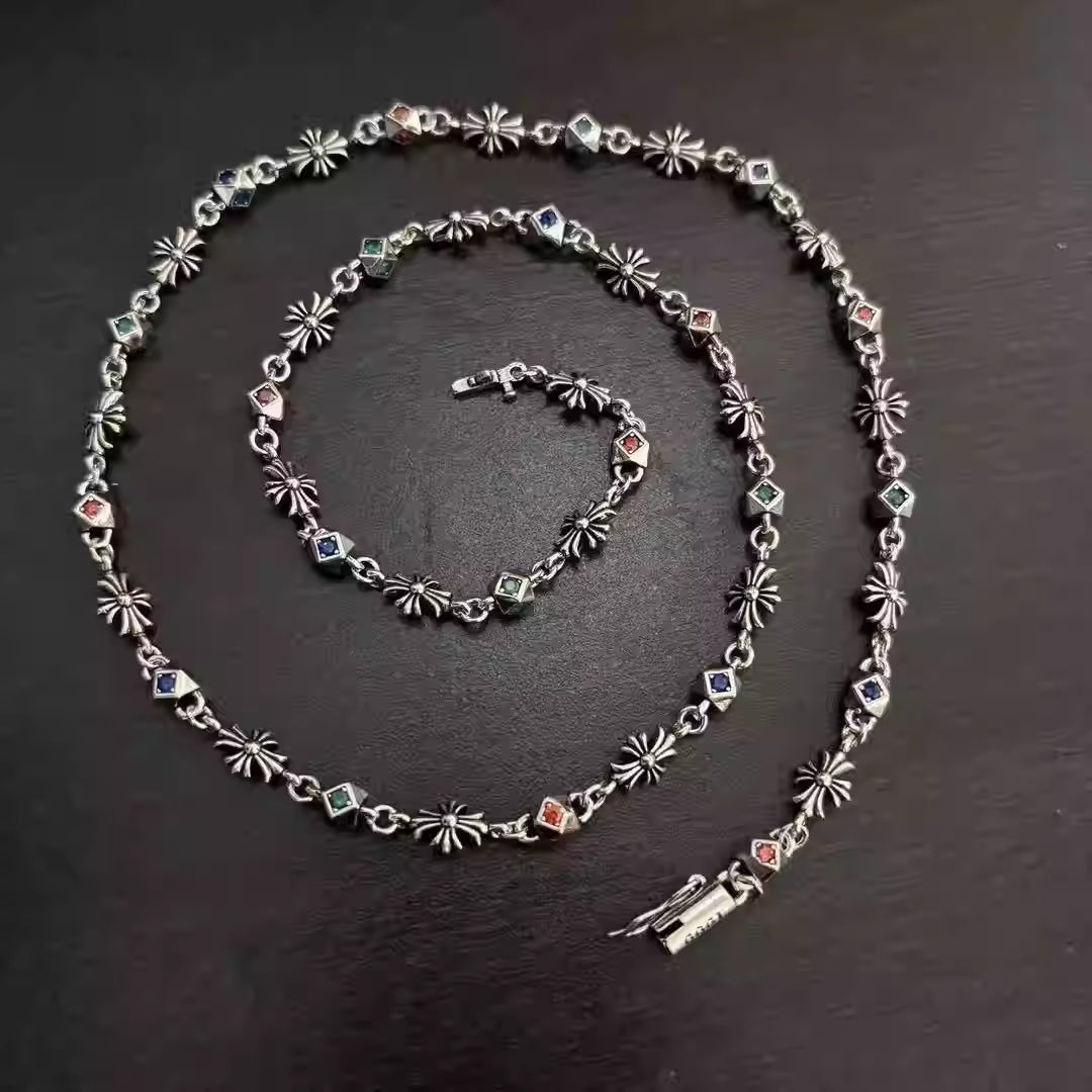S925 Silver Multicolor Stone Flower Cross Necklace™