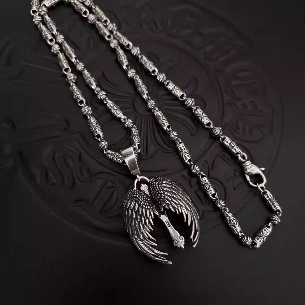 S925 Silver Winged Cross Pendant Barrel Link Necklace™