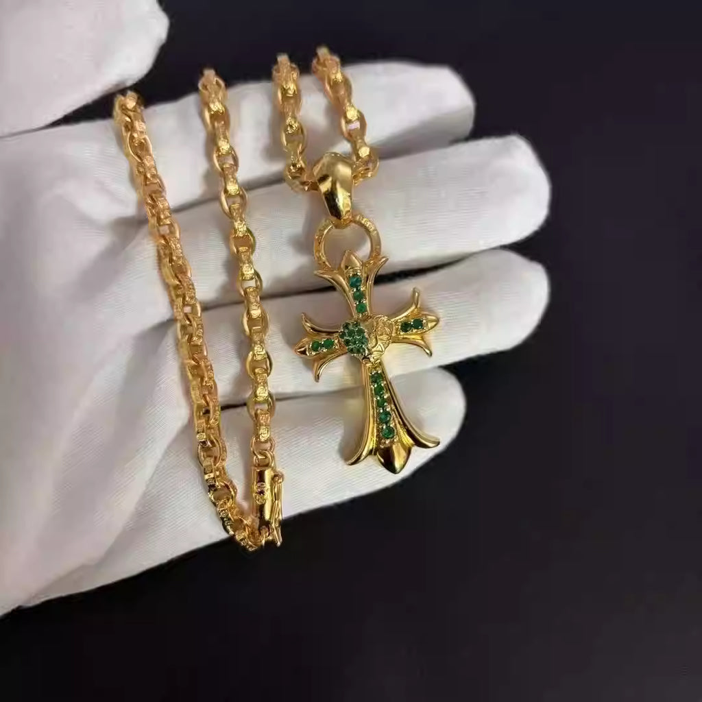S925 Silver Green Stone Heart Gold Cross Pendant Necklace™