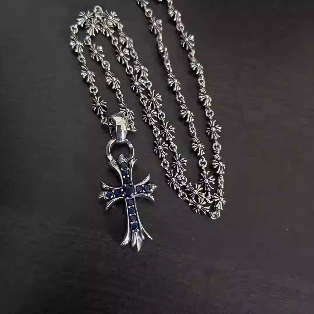 S925 Silver Blue Stone Flared Cross Necklace™