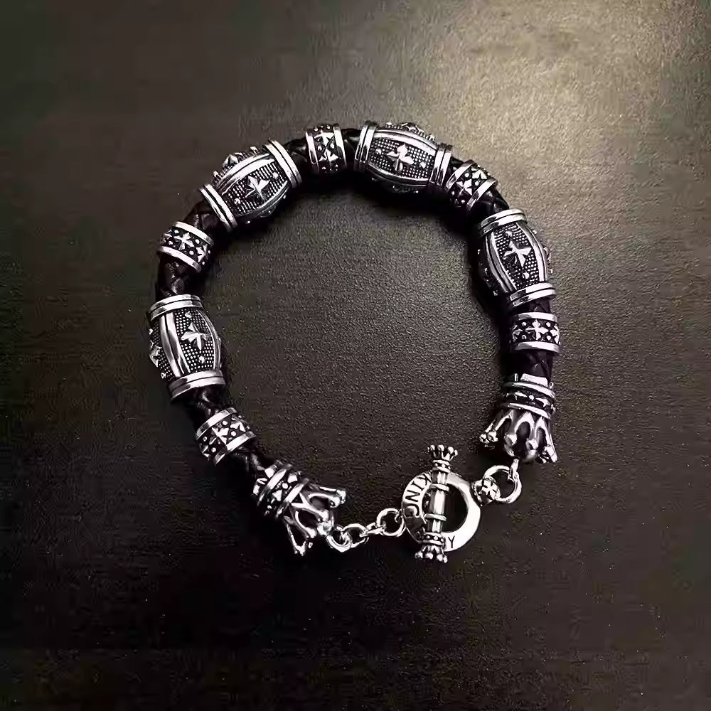 S925 Silver Cross Motif Black Leather Bracelet™