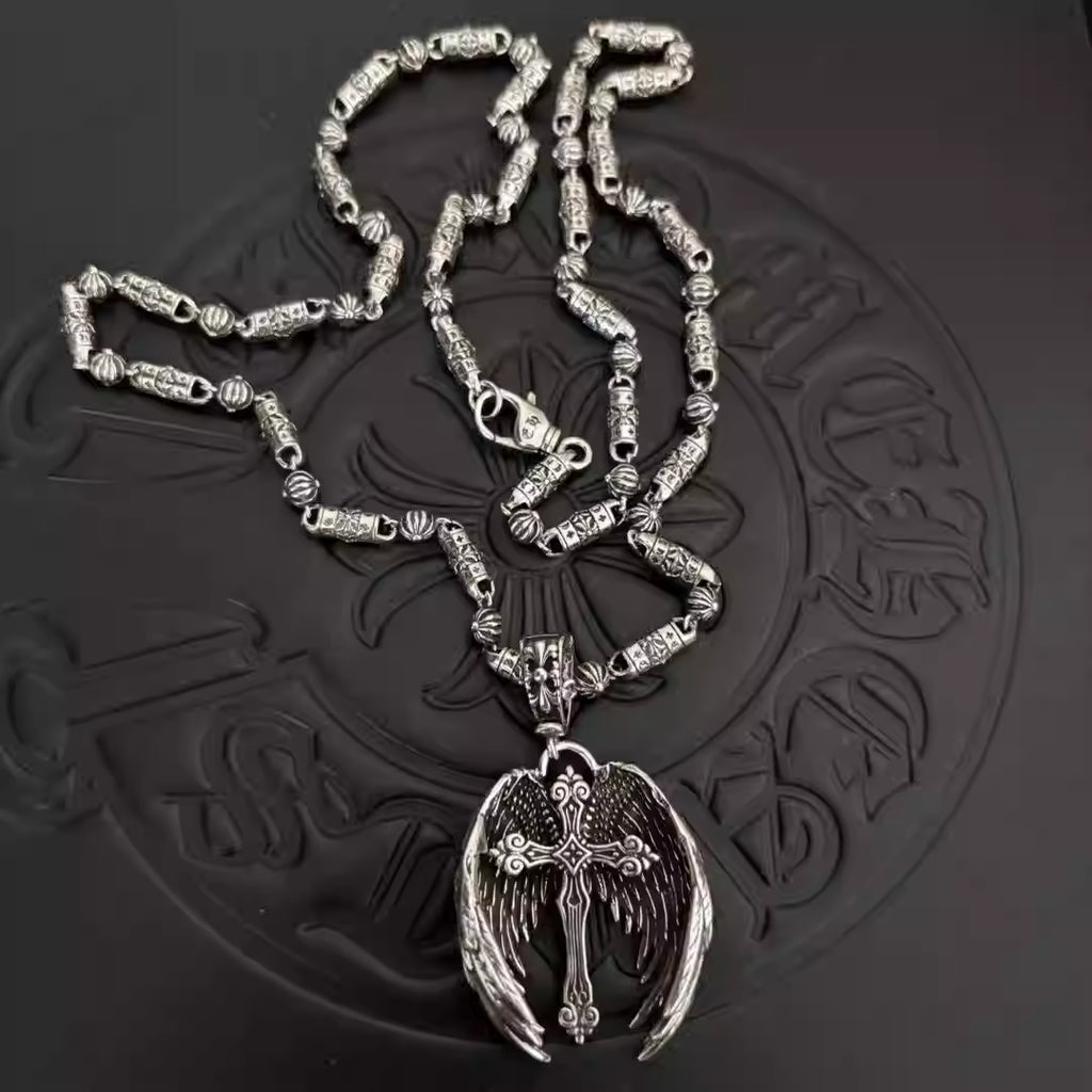 S925 Silver Winged Cross Pendant Barrel Link Necklace™