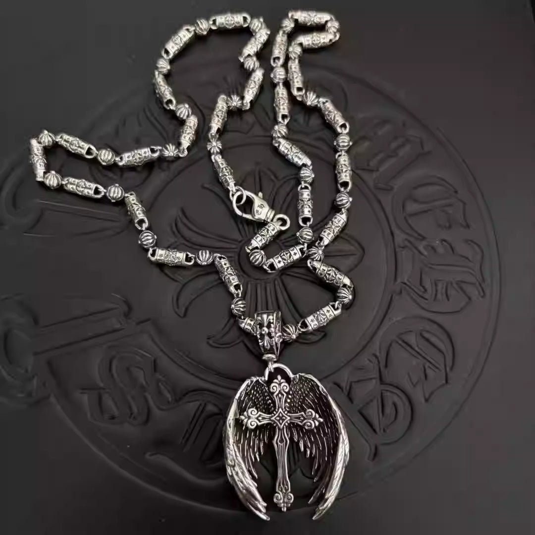 S925 Silver Winged Cross Pendant Barrel Link Necklace™
