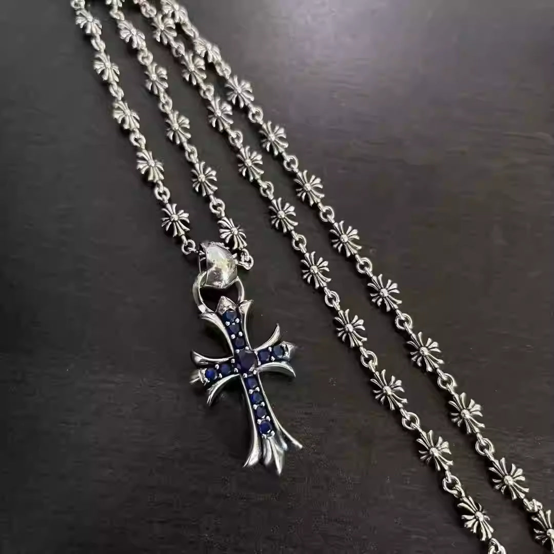 S925 Silver Blue Stone Flared Cross Necklace™