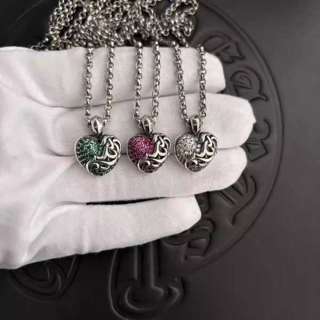 S925 Silver Swirl Overlay Encrusted Heart Pendant Necklace™