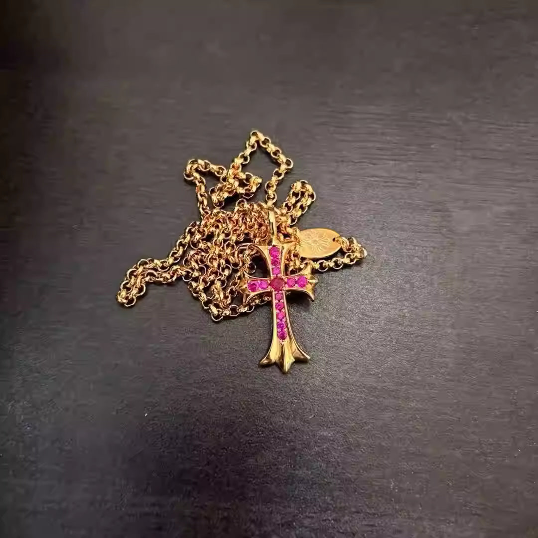 S925 Silver Gold Colored Stone Cross Necklace™