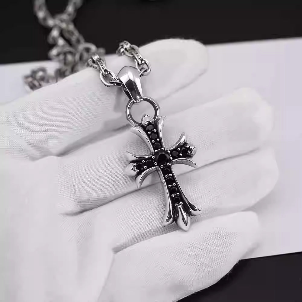 S925 Silver Black Stone Flared Cross Necklace™
