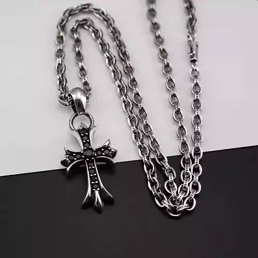 S925 Silver Black Stone Flared Cross Necklace™