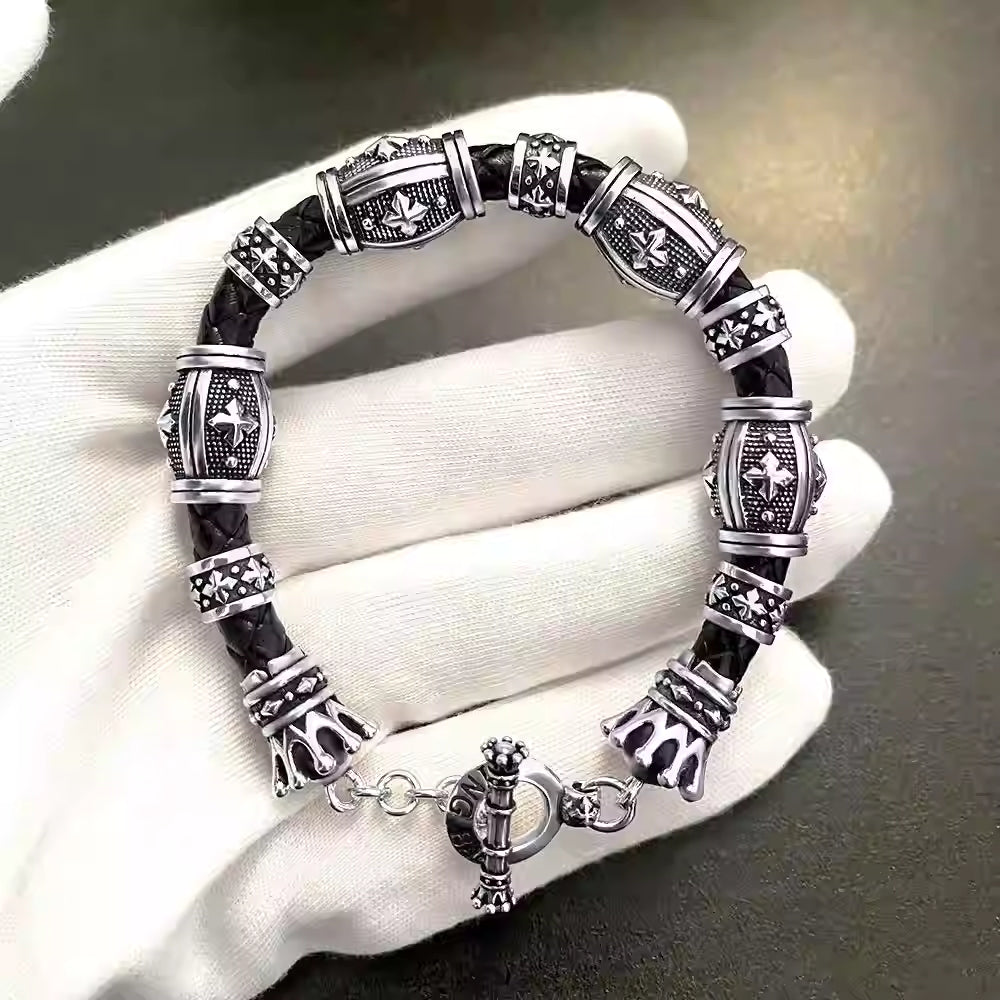 S925 Silver Cross Motif Black Leather Bracelet™