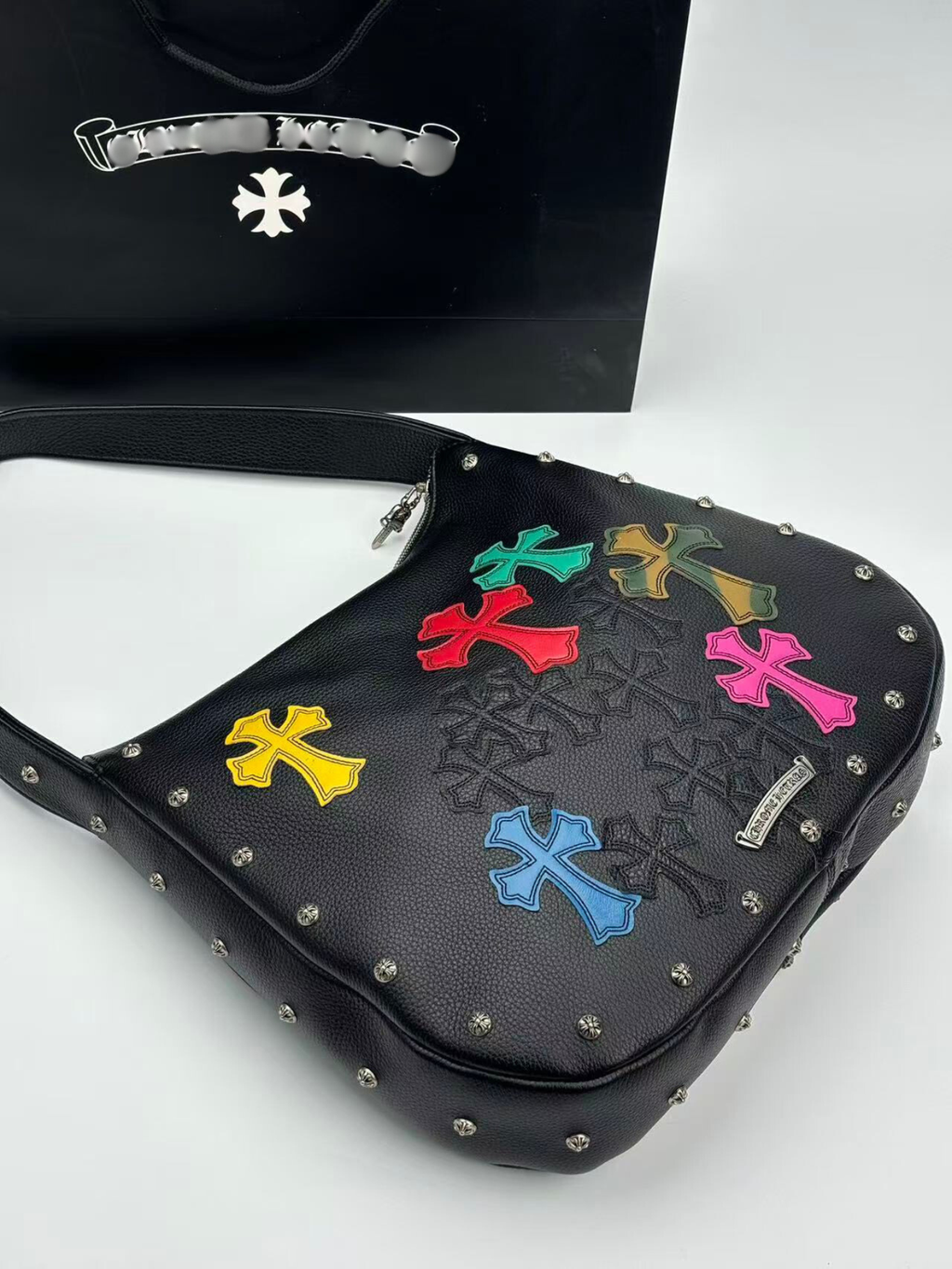 Multi Color Cross Patch Black Leather Handbag™