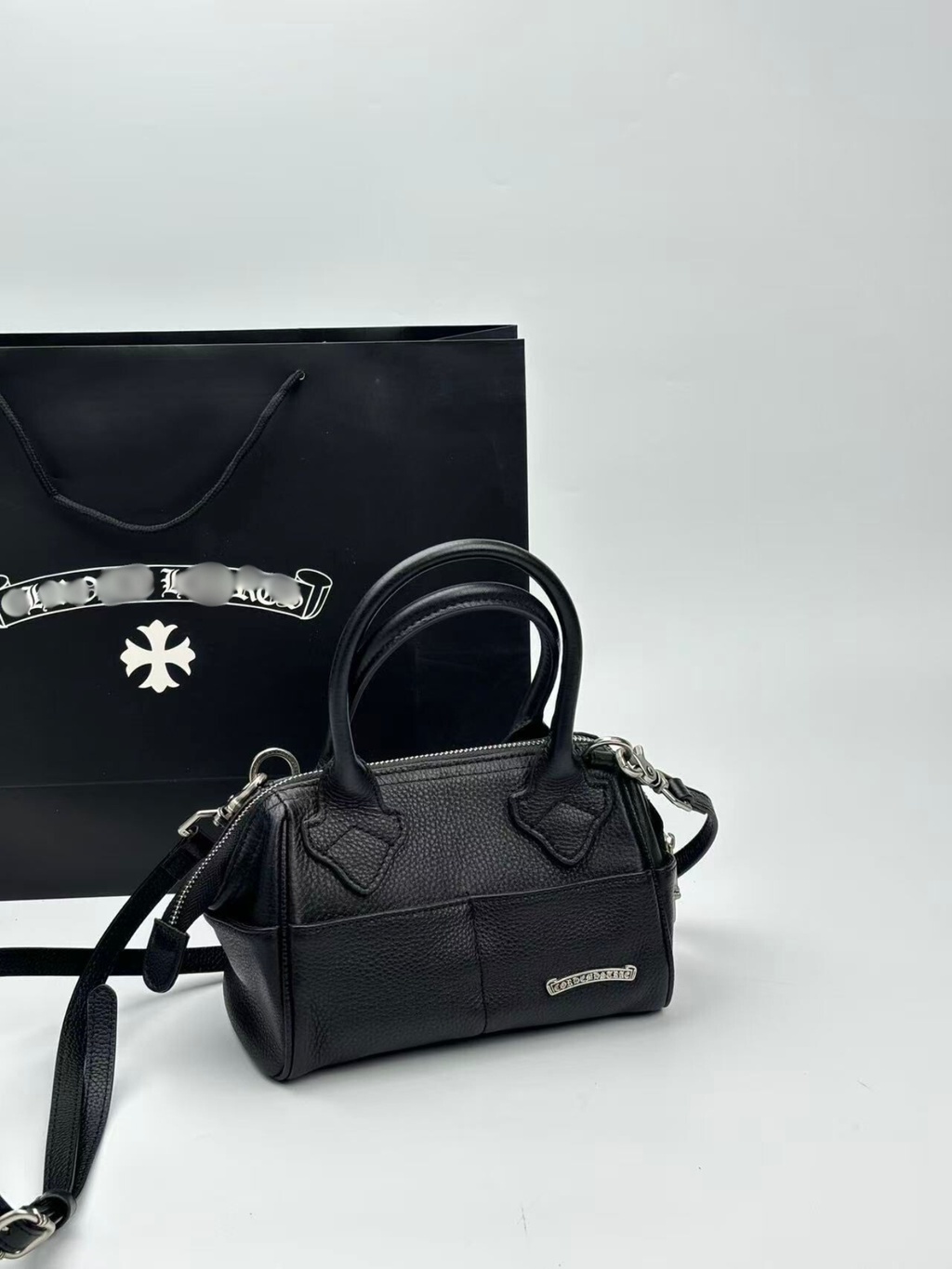 Silver Typography Logo Black Leather Handbag™