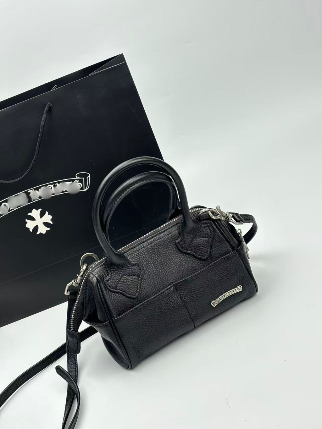 Silver Typography Logo Black Leather Handbag™