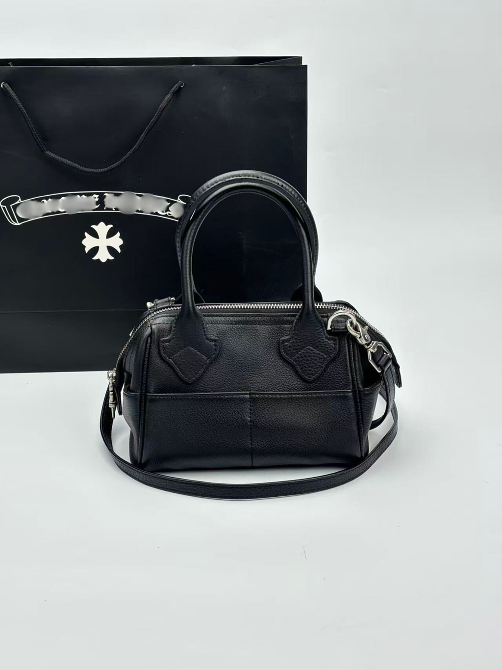 Silver Typography Logo Black Leather Handbag™