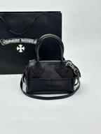 Silver Typography Logo Black Leather Handbag™