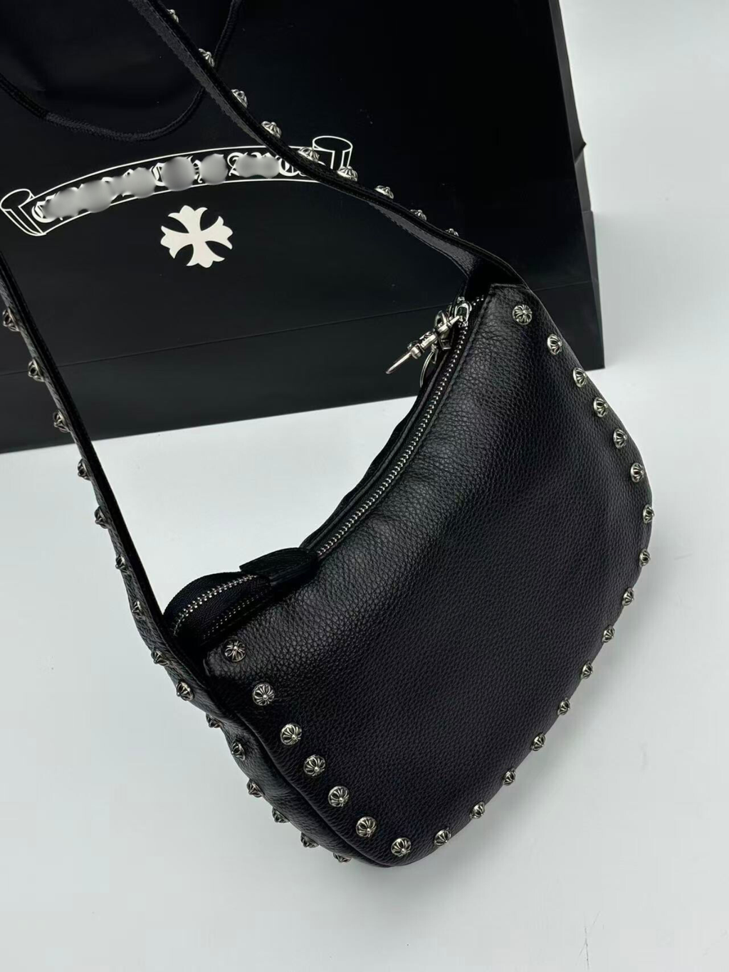 Silver Flower Button Black Leather Handbag™