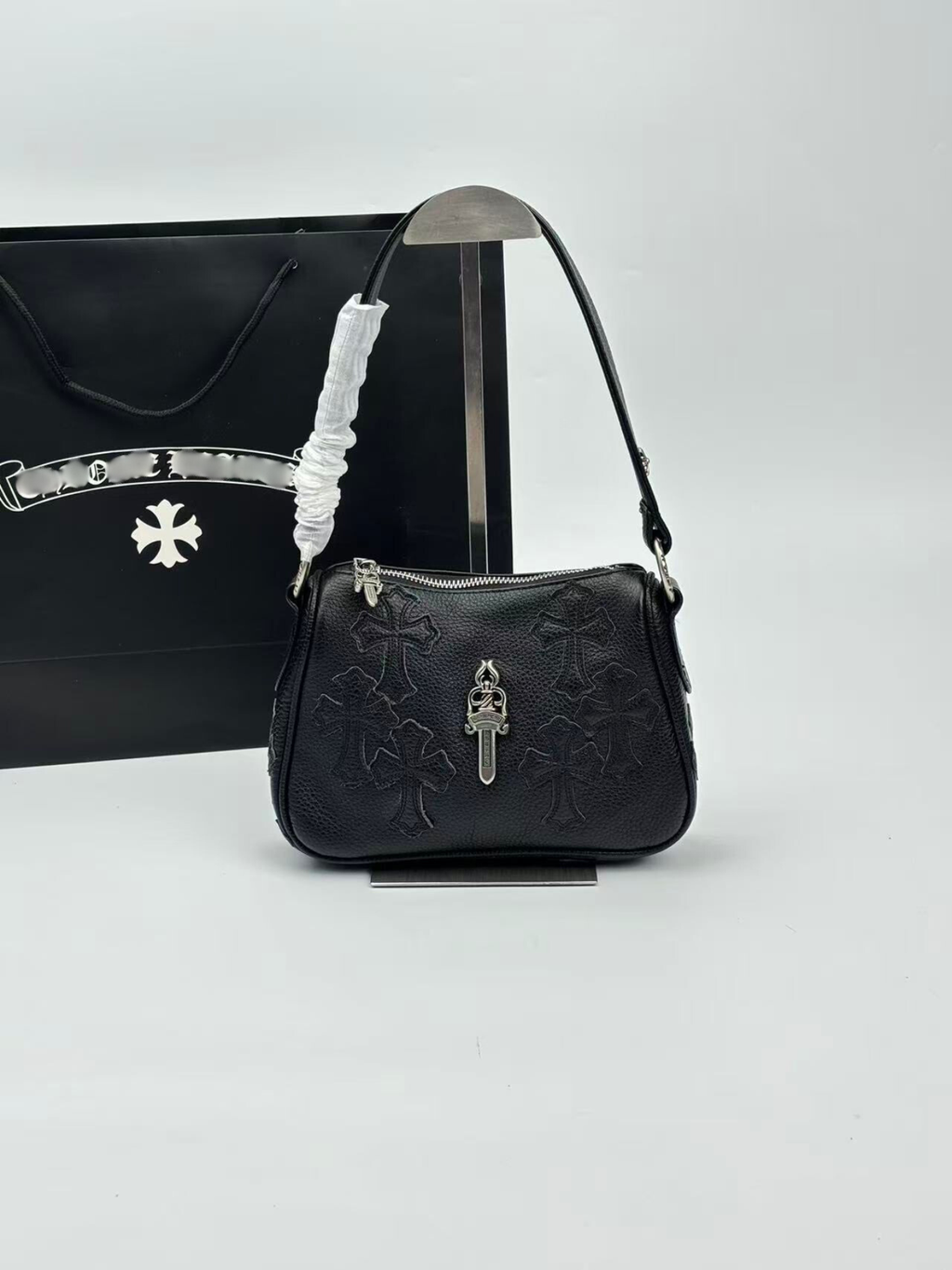 Silver Dagger Black Leather Cross Patch Handbag™