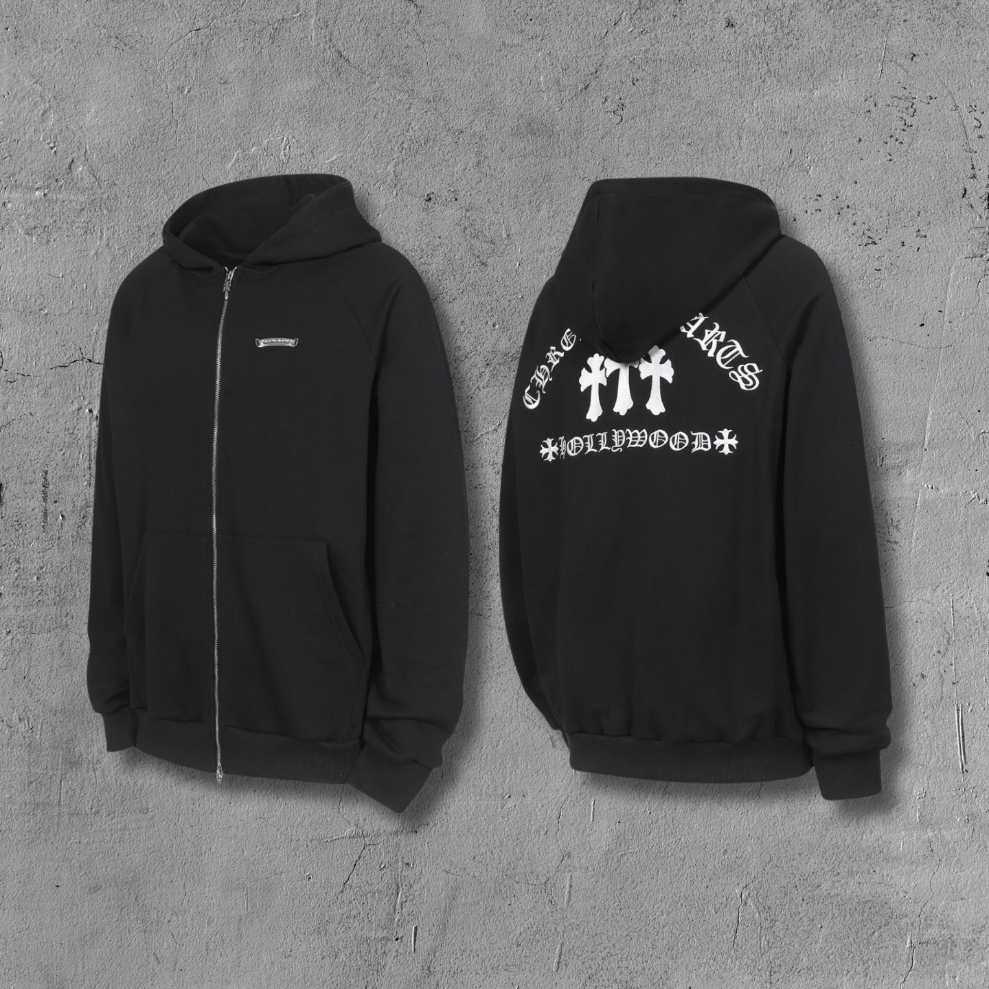 Hollywood White Triple Cross Black Full Zip Hoodie™
