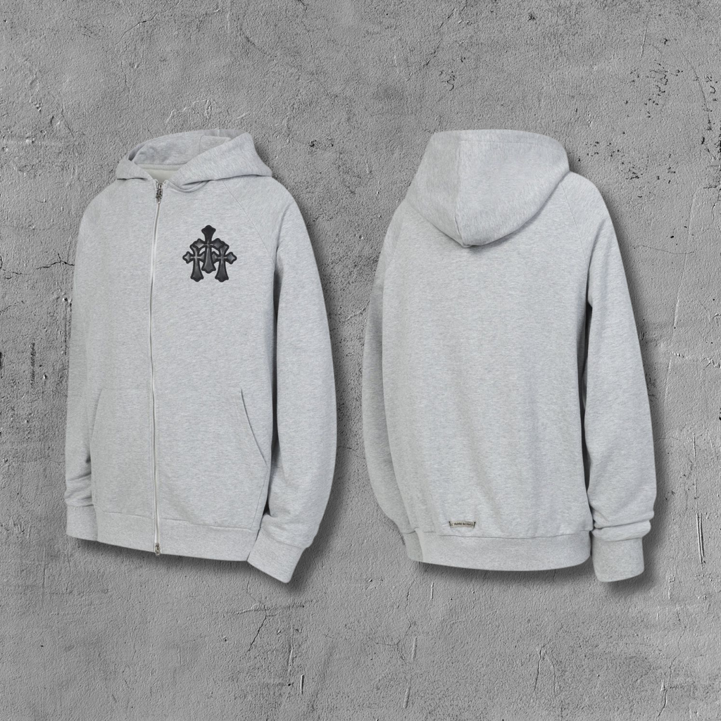 Leather Black Triple Cross Grey Full Zip Hoodie™
