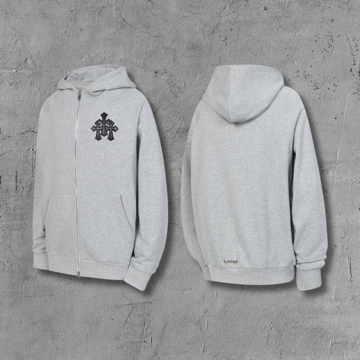 Leather Black Triple Cross Grey Full Zip Hoodie™