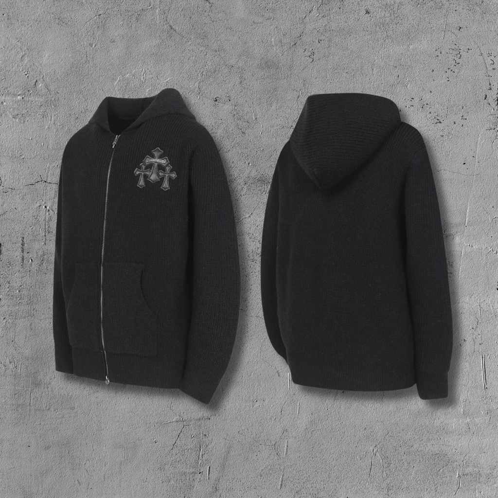 Triple Leather Cross Black Wool Full Zip Hoodie™