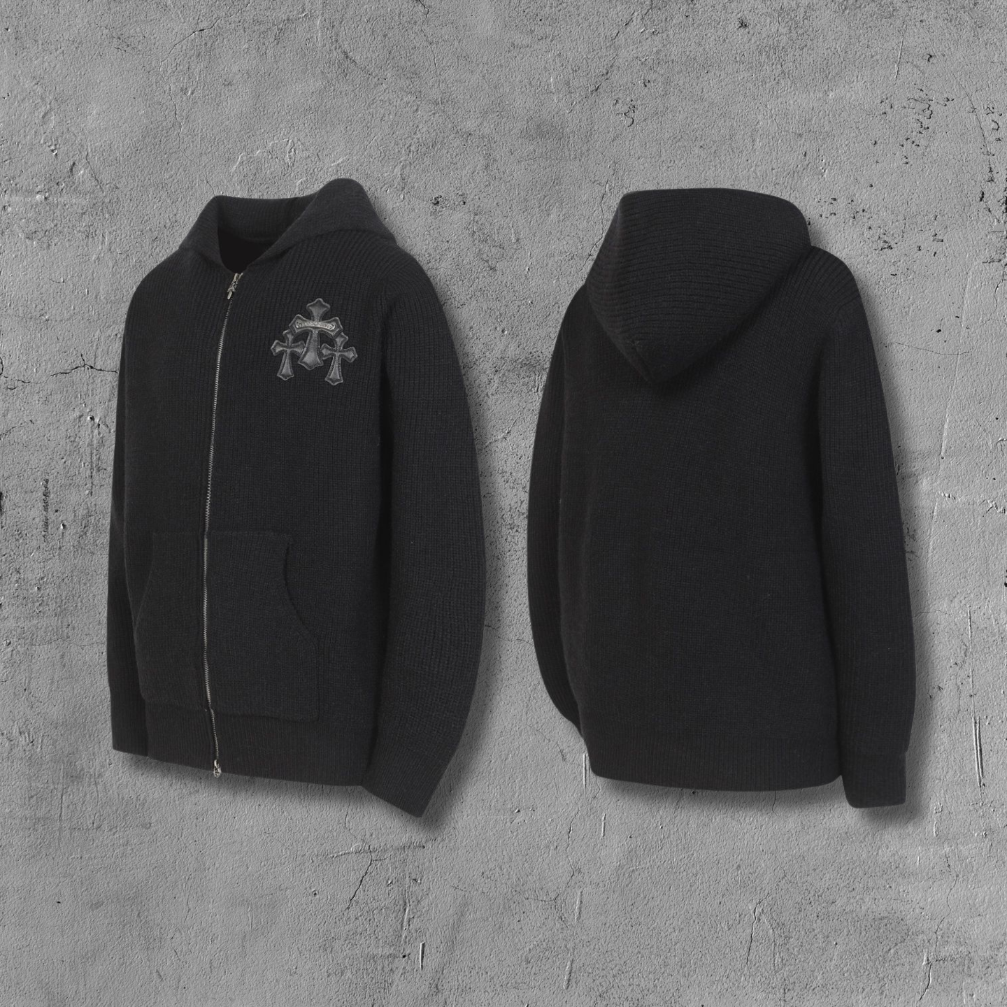 Triple Leather Cross Black Wool Full Zip Hoodie™