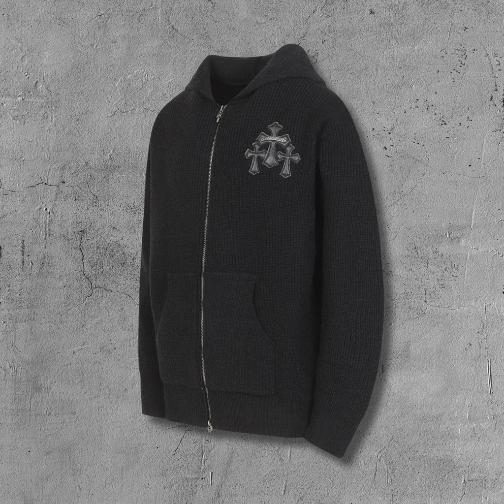 Triple Leather Cross Black Wool Full Zip Hoodie™