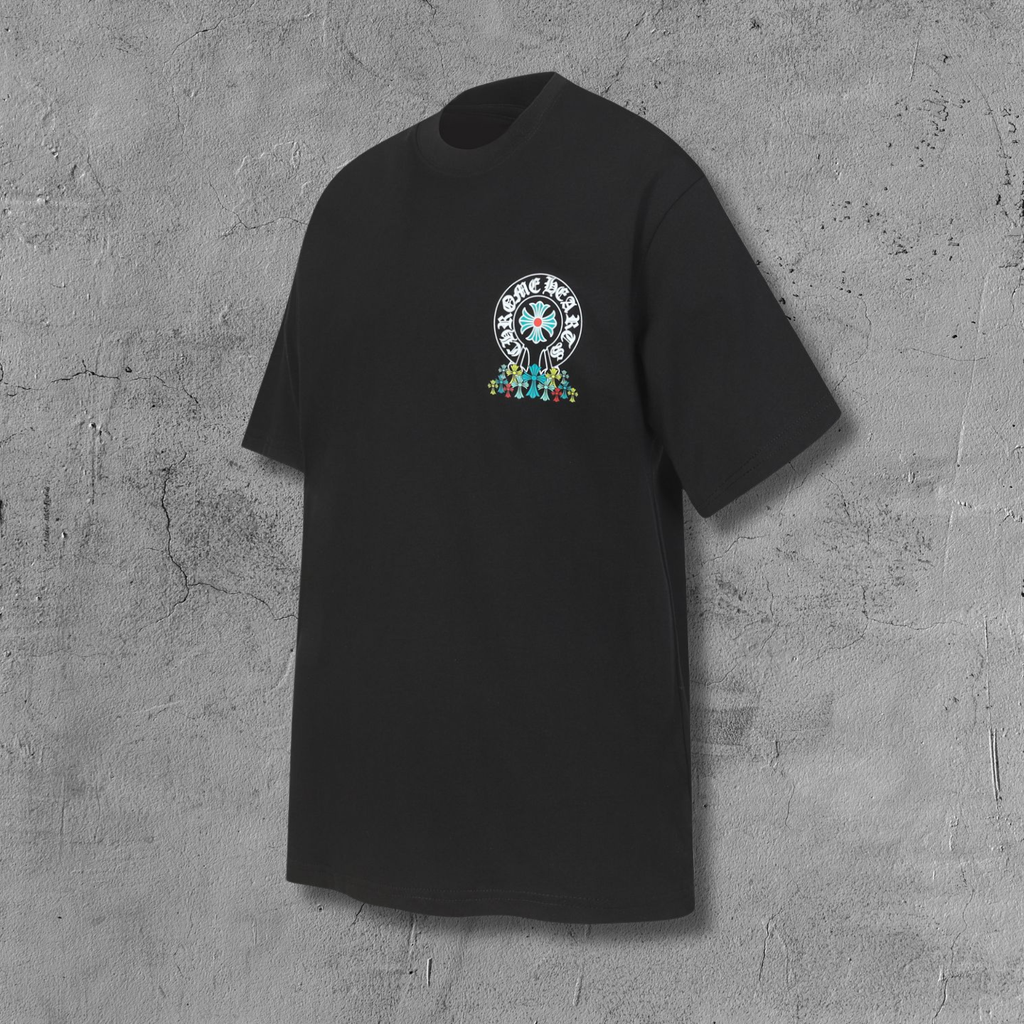 Multi Color Crosses Horse Shoe Logo Black T-Shirt™