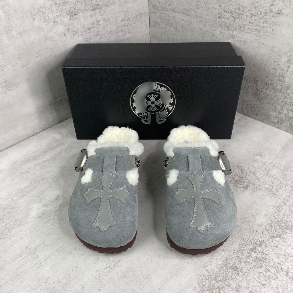 Grey Leather Cross White Fur Grey Suede Clog Slides™