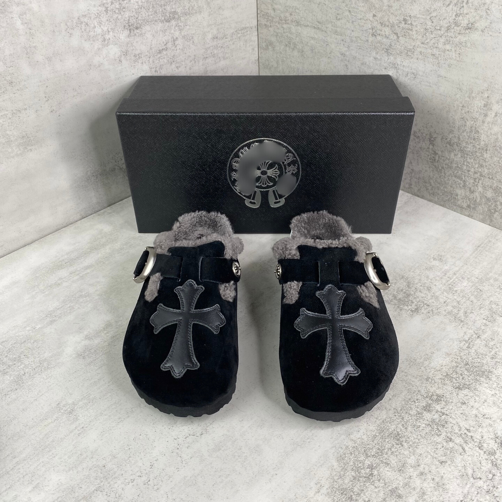 Black Leather Cross Grey Fur Black Suede Clog Slides™