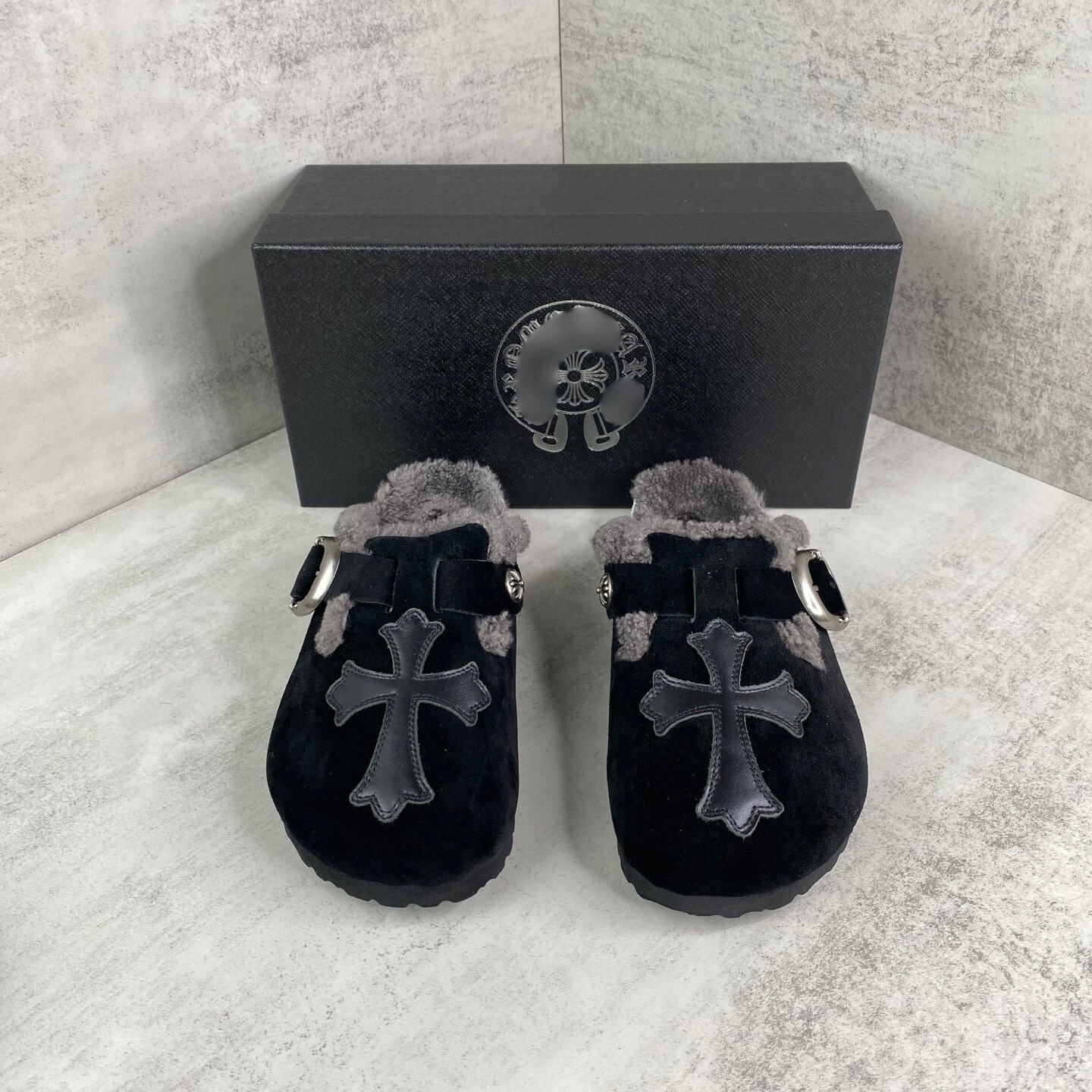 Black Leather Cross Grey Fur Black Suede Clog Slides™