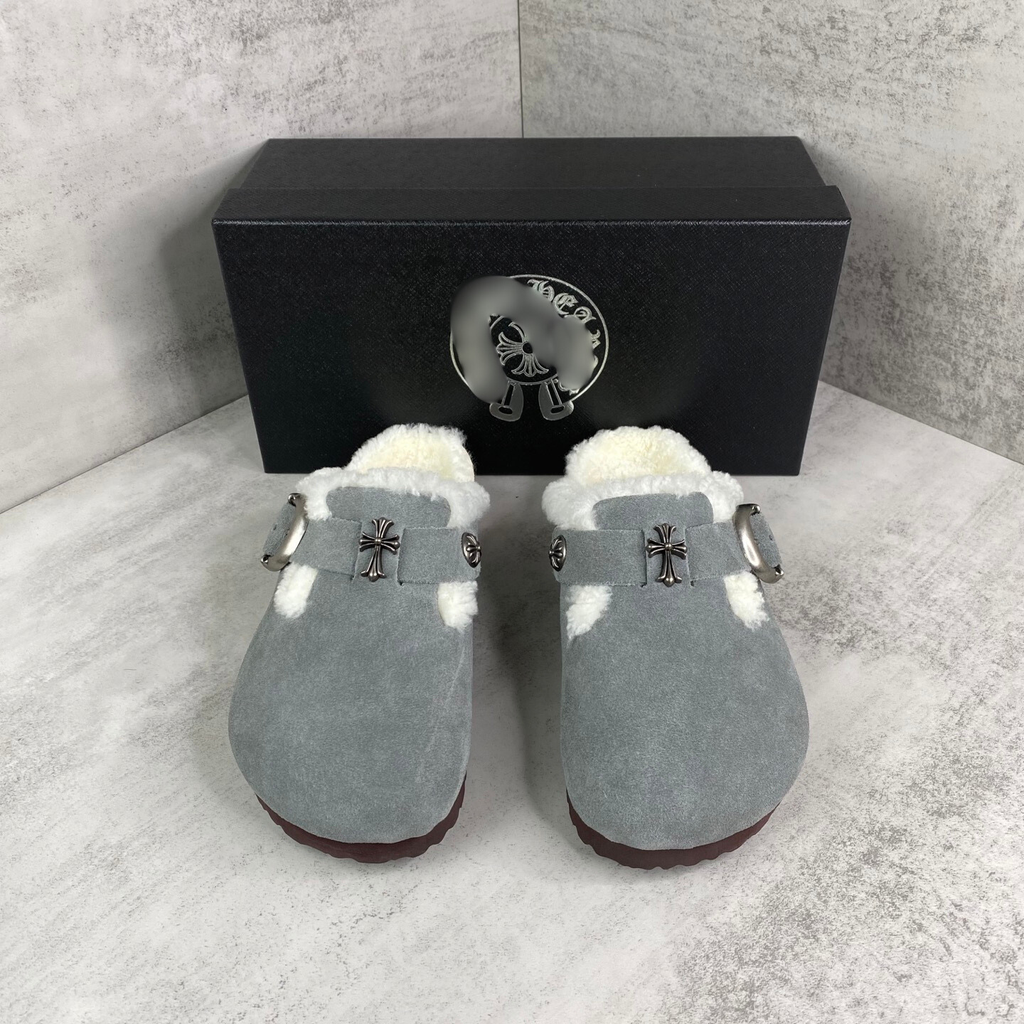 Metallic Cross White Fur Grey Suede Clog Slides™