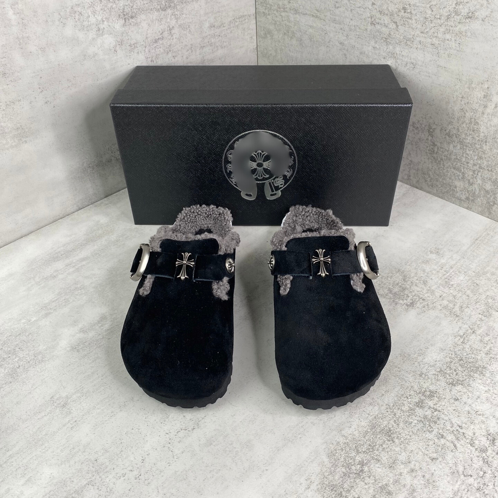 Metallic Cross Grey Fur Black Suede Clog Slides™