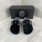 Metallic Cross Grey Fur Black Suede Clog Slides™