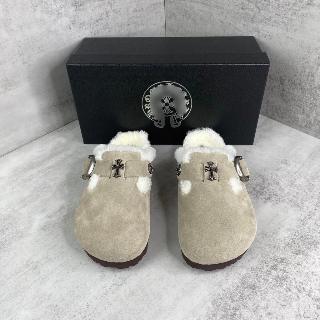 Metallic Cross White Fur Beige Suede Clog Slides™