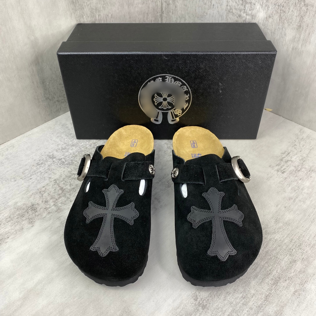 Black Leather Cross Black Suede Clog Slides™