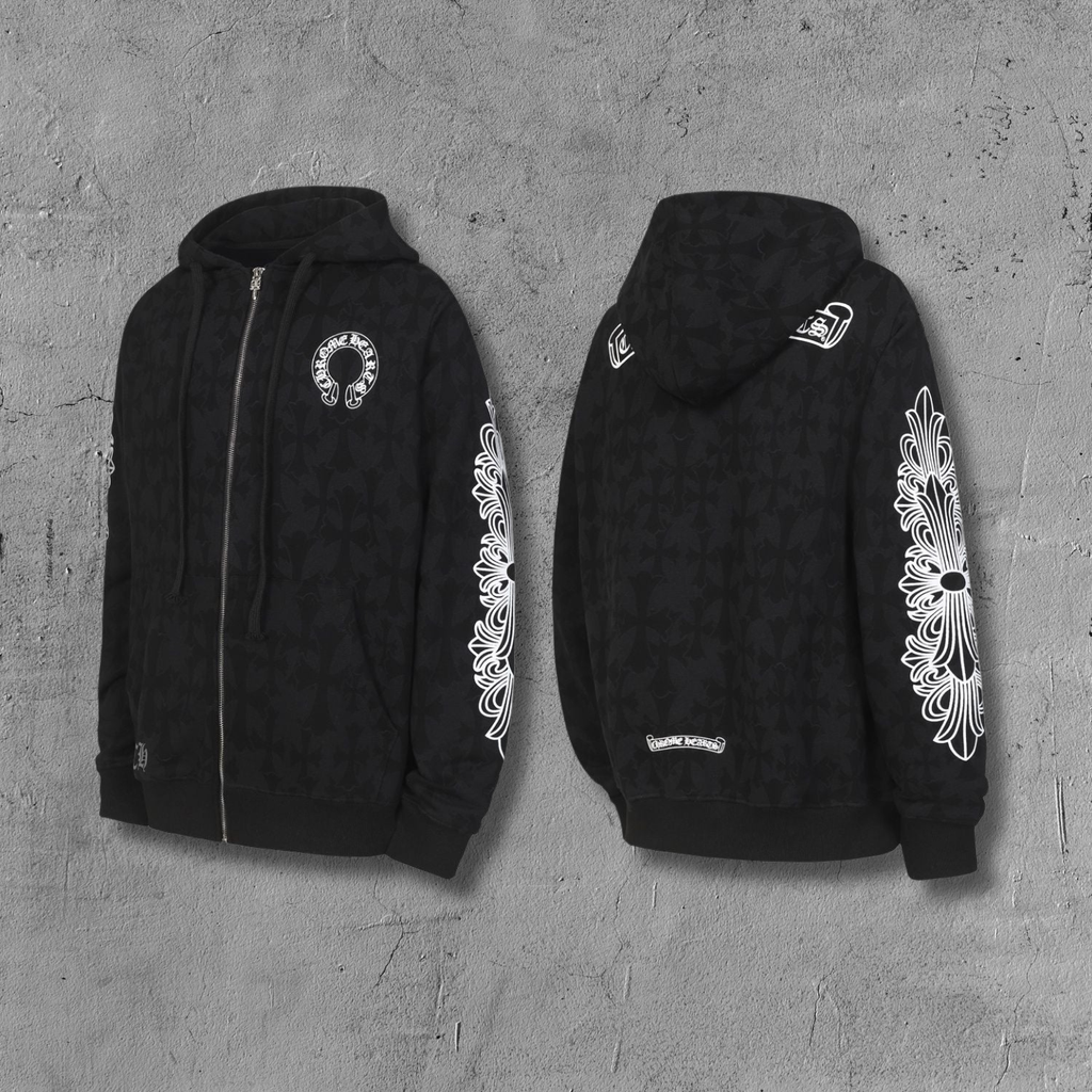 Cross Pattern Black Full Zip Hoodie™