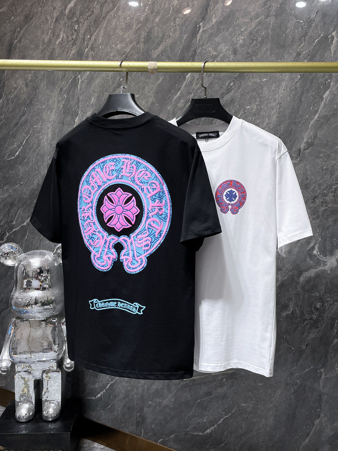 Pink & Blue Horse Shoe Logo Black T-Shirt™