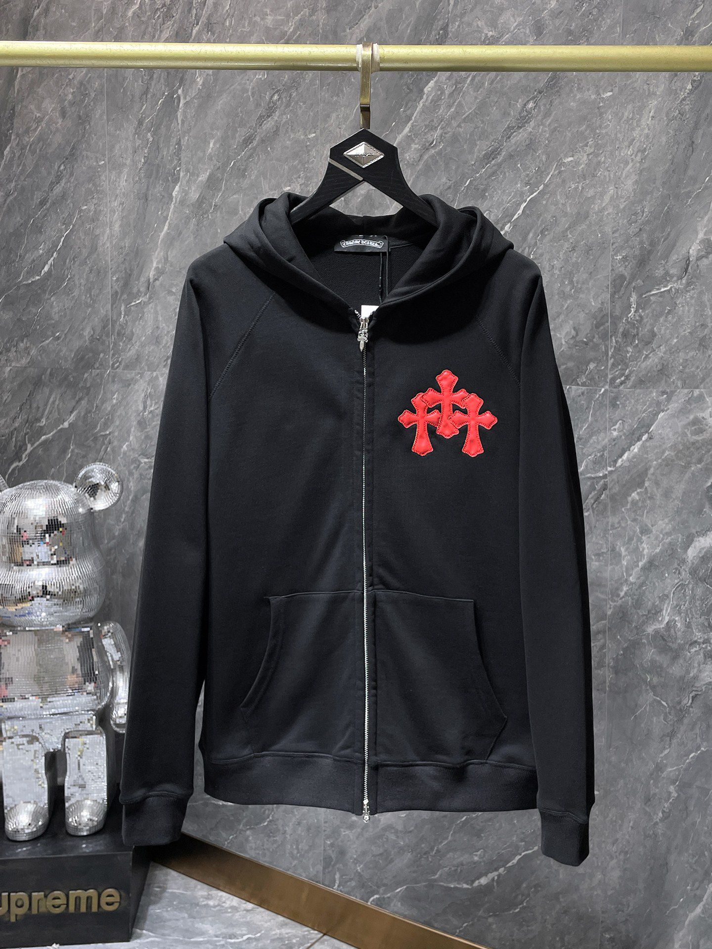 Leather Red Triple Cross Black Full Zip Hoodie™