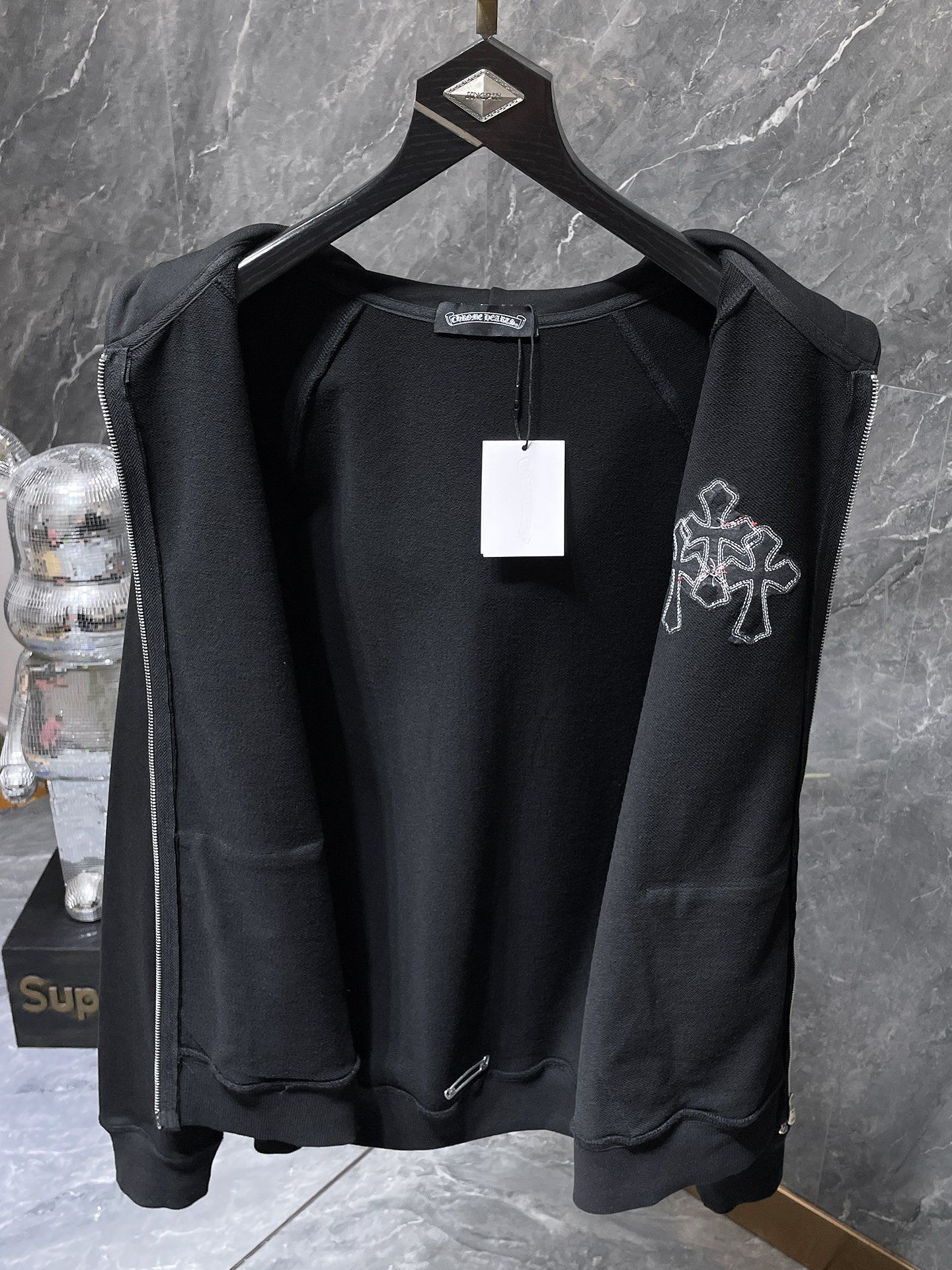 Leather Red Triple Cross Black Full Zip Hoodie™