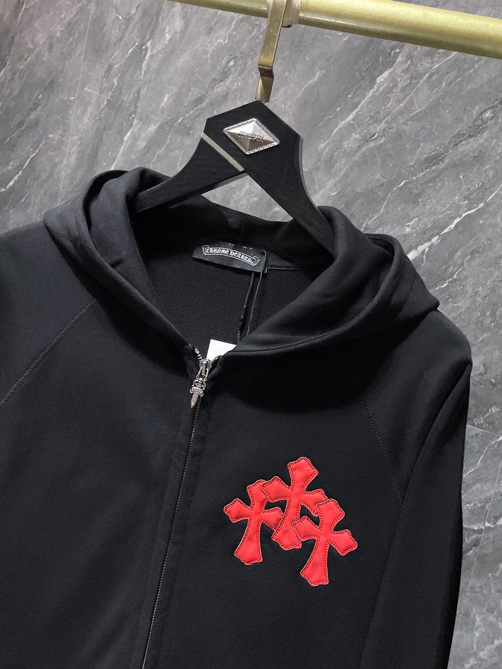 Leather Red Triple Cross Black Full Zip Hoodie™