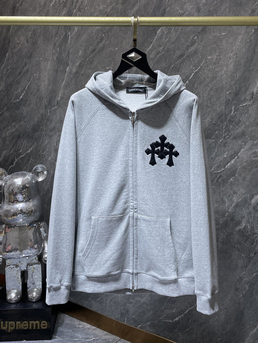 Leather Black Triple Cross Grey Full Zip Hoodie™