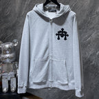 Leather Black Triple Cross Grey Full Zip Hoodie™