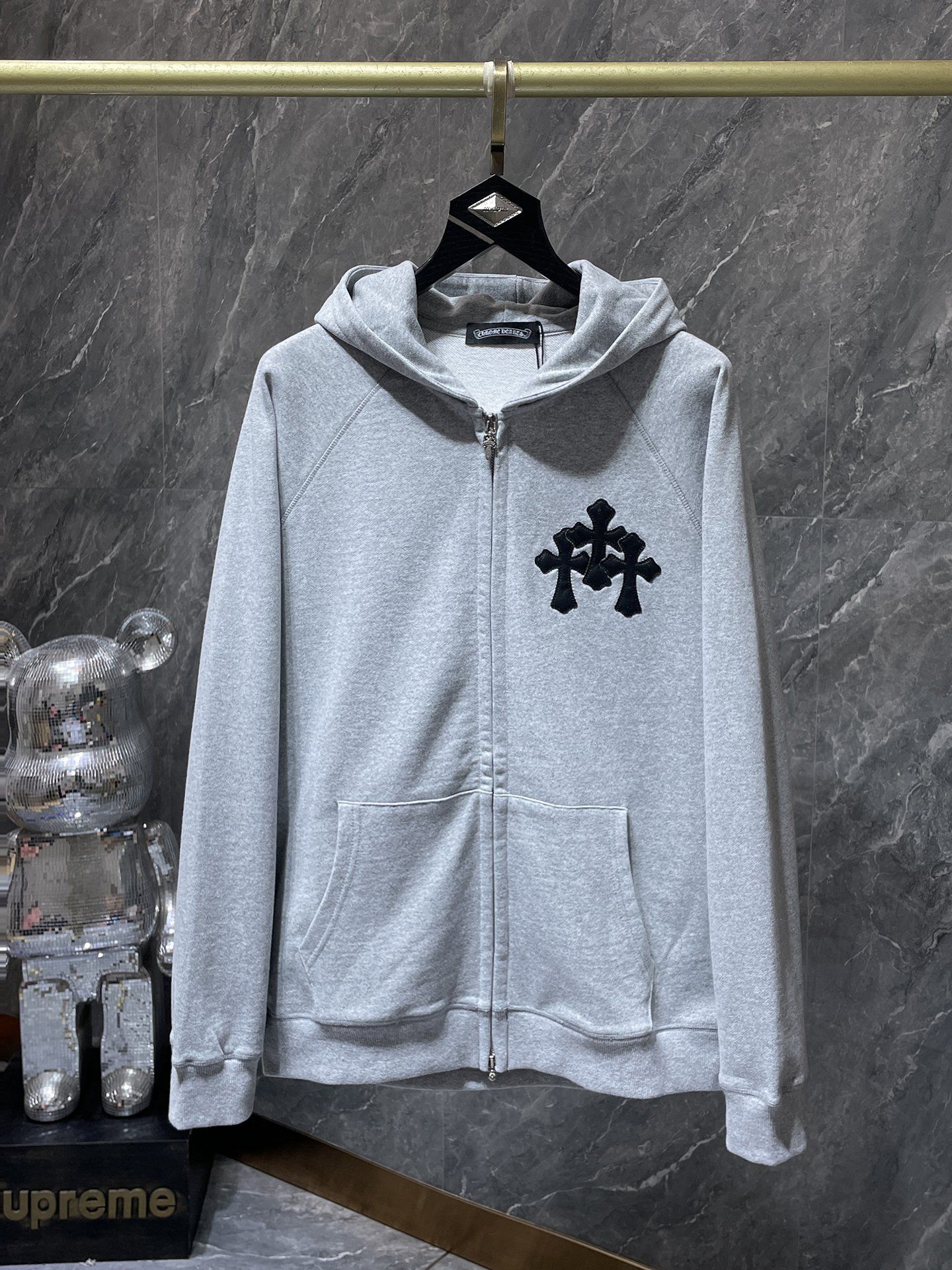 Leather Black Triple Cross Grey Full Zip Hoodie™
