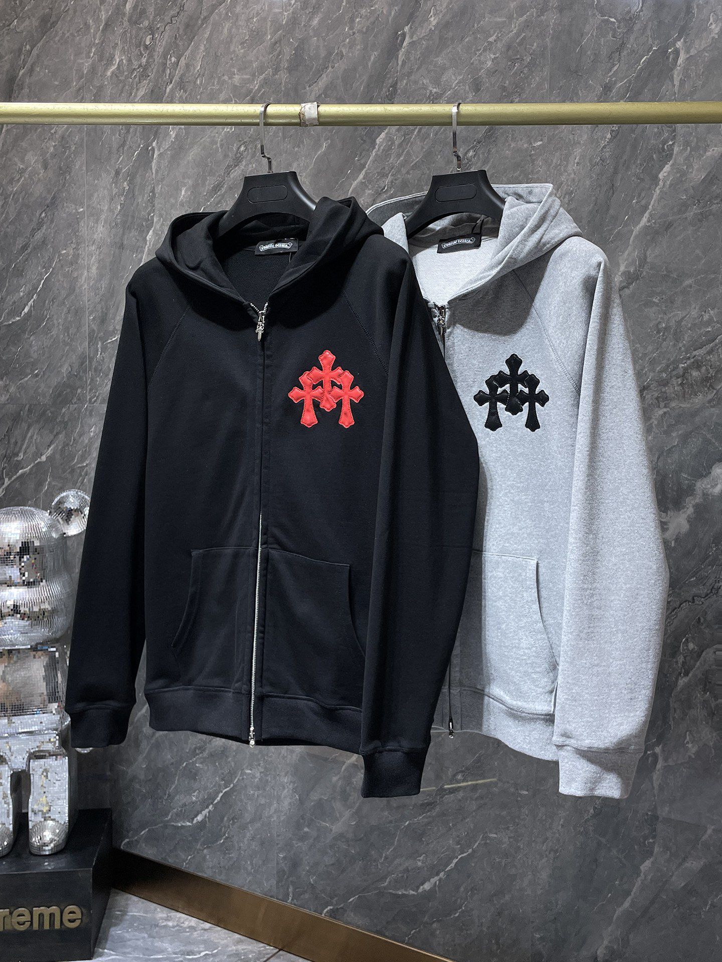 Leather Black Triple Cross Grey Full Zip Hoodie™