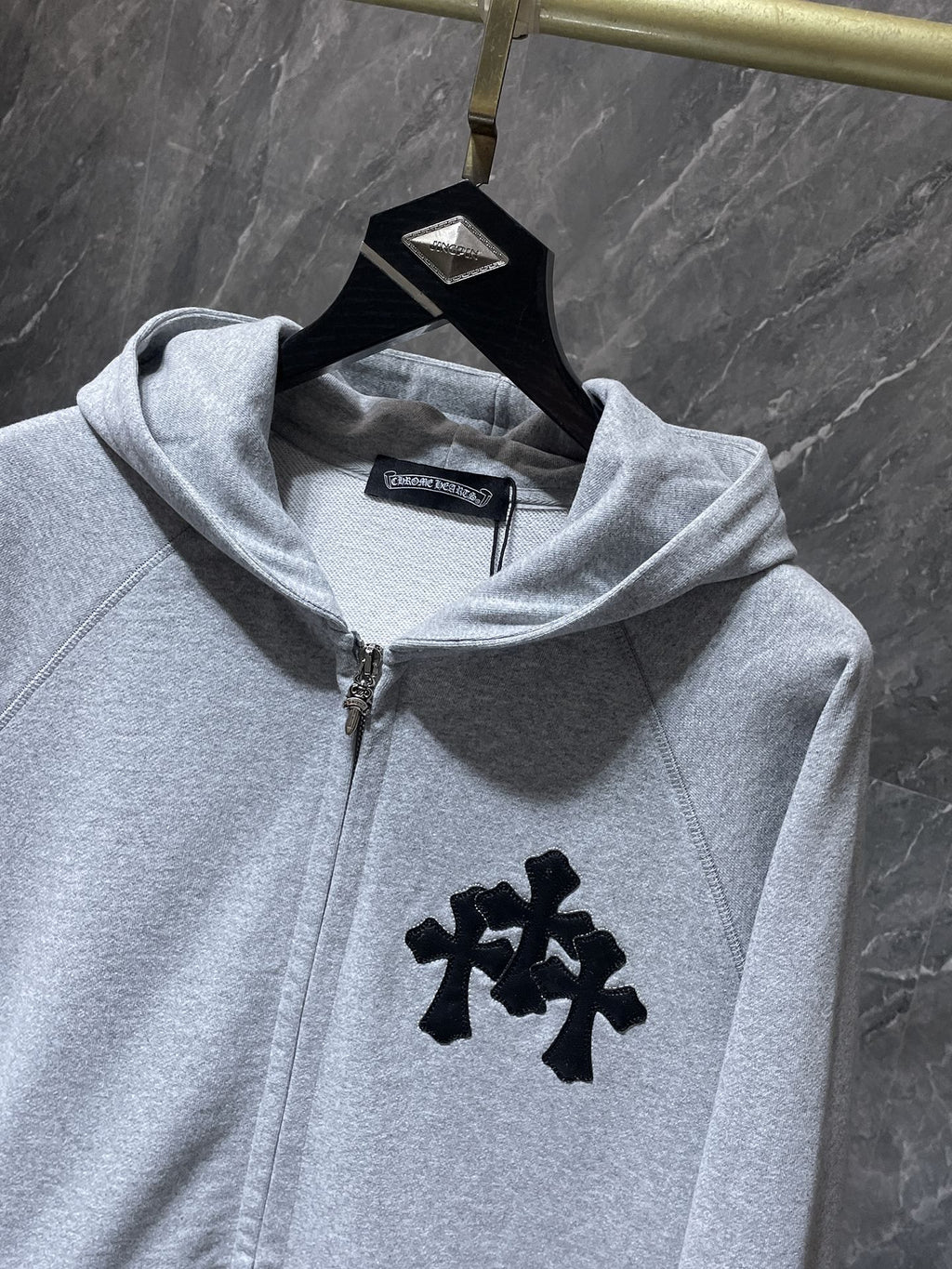 Leather Black Triple Cross Grey Full Zip Hoodie™