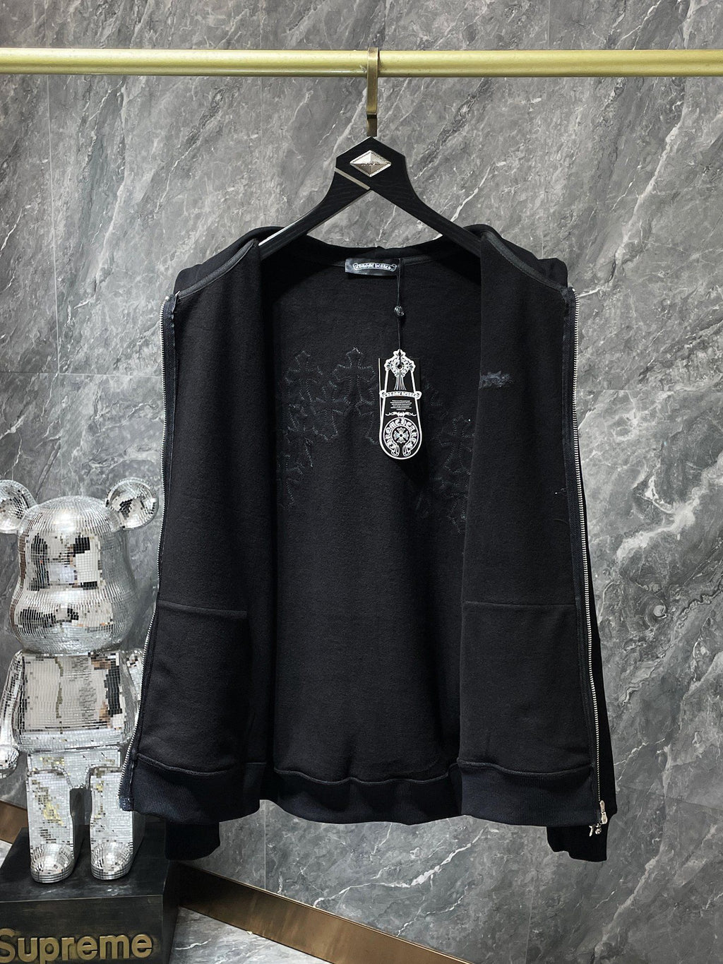 Black Leather Cross Patch Black Full Zip Hoodie™