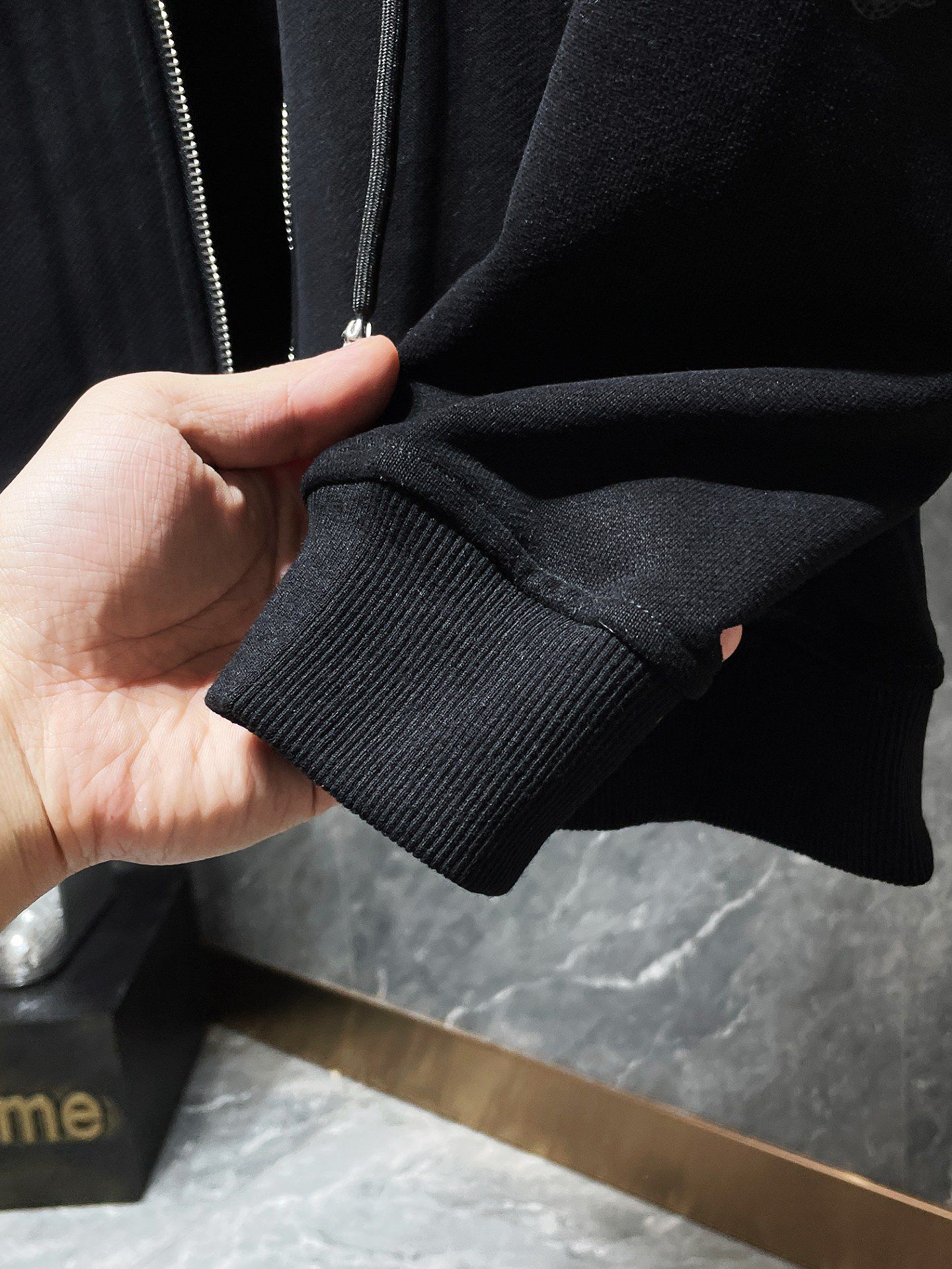 Black Leather Cross Patch Black Full Zip Hoodie™