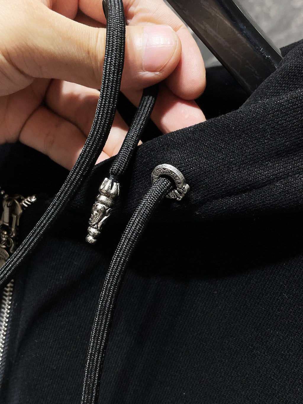 Black Leather Cross Patch Black Full Zip Hoodie™