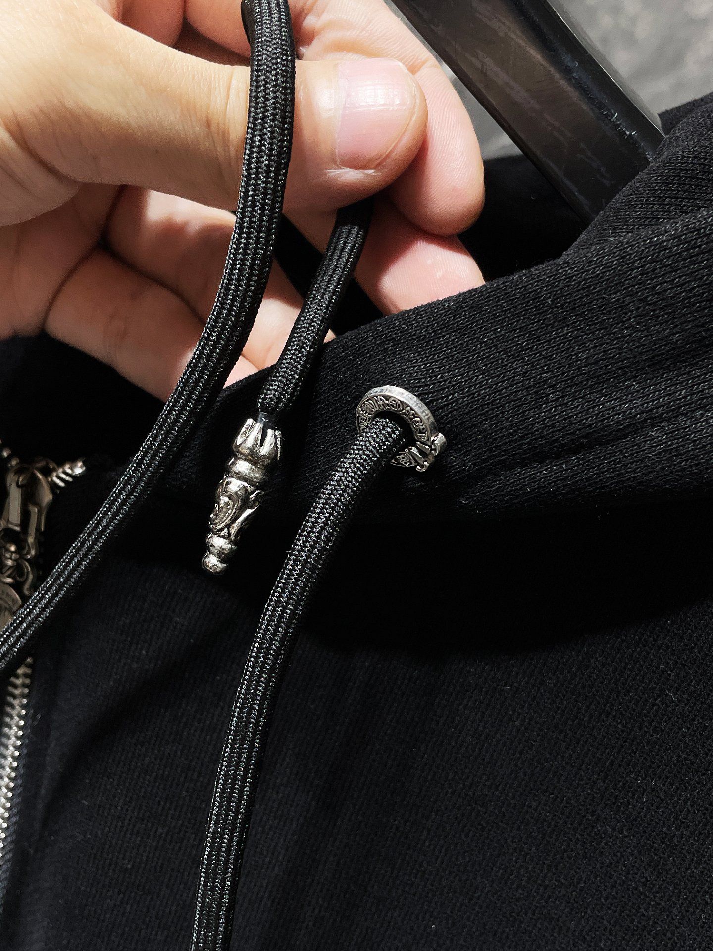 Black Leather Cross Patch Black Full Zip Hoodie™